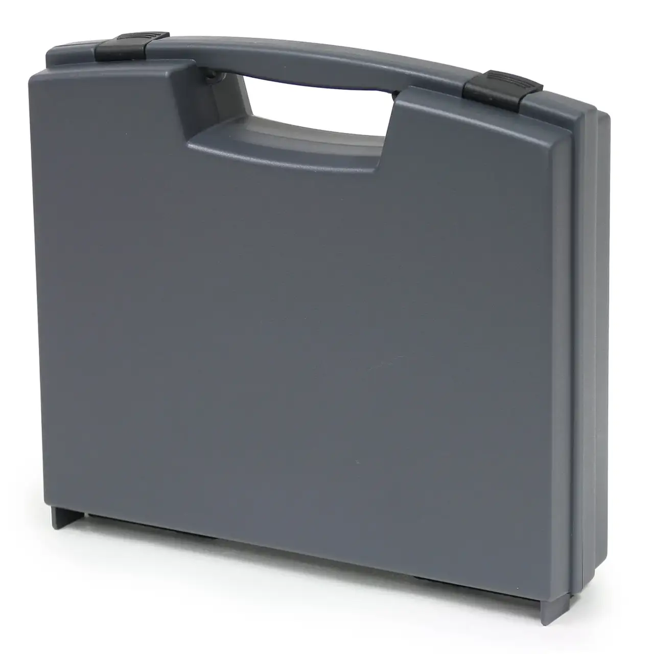 Gray plastic case with a handle on a white background