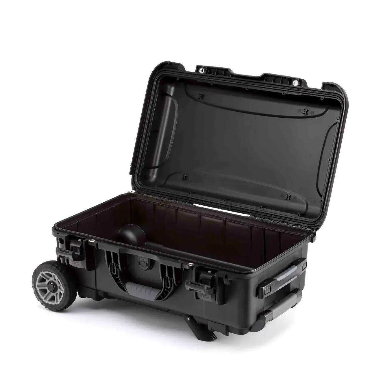 Black hard-shell suitcase with wheels on a white background