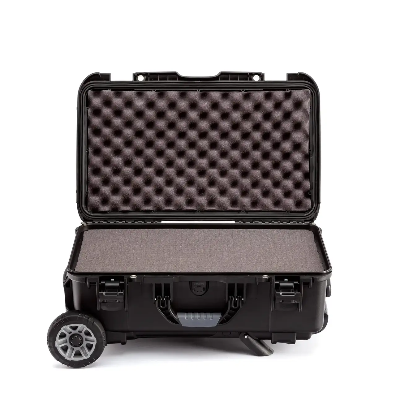 Black hard-shell travel case with wheels on a white background