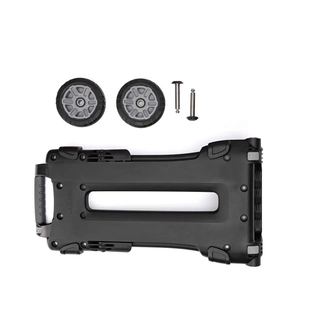 Black staple gun with two staple pins and two screws on a white background