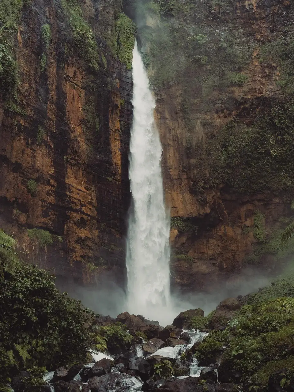 Tall waterfall cascading down a rocky cliff in a lush green forest