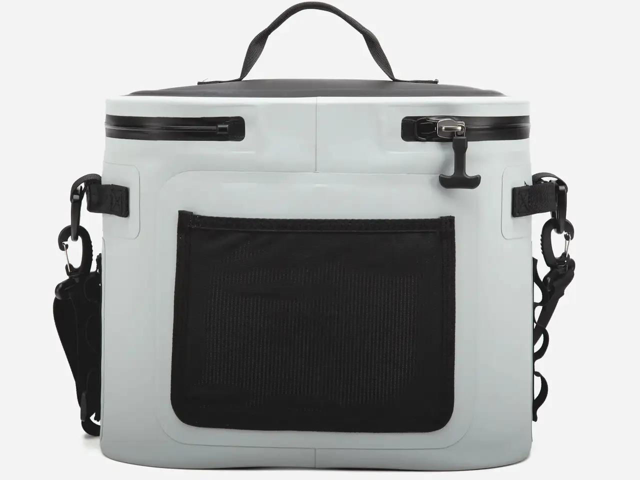 A light gray soft-sided cooler bag with black accents, including a top handle, zipper trim, side straps, and a large black front mesh pocket, shown on a plain white background.