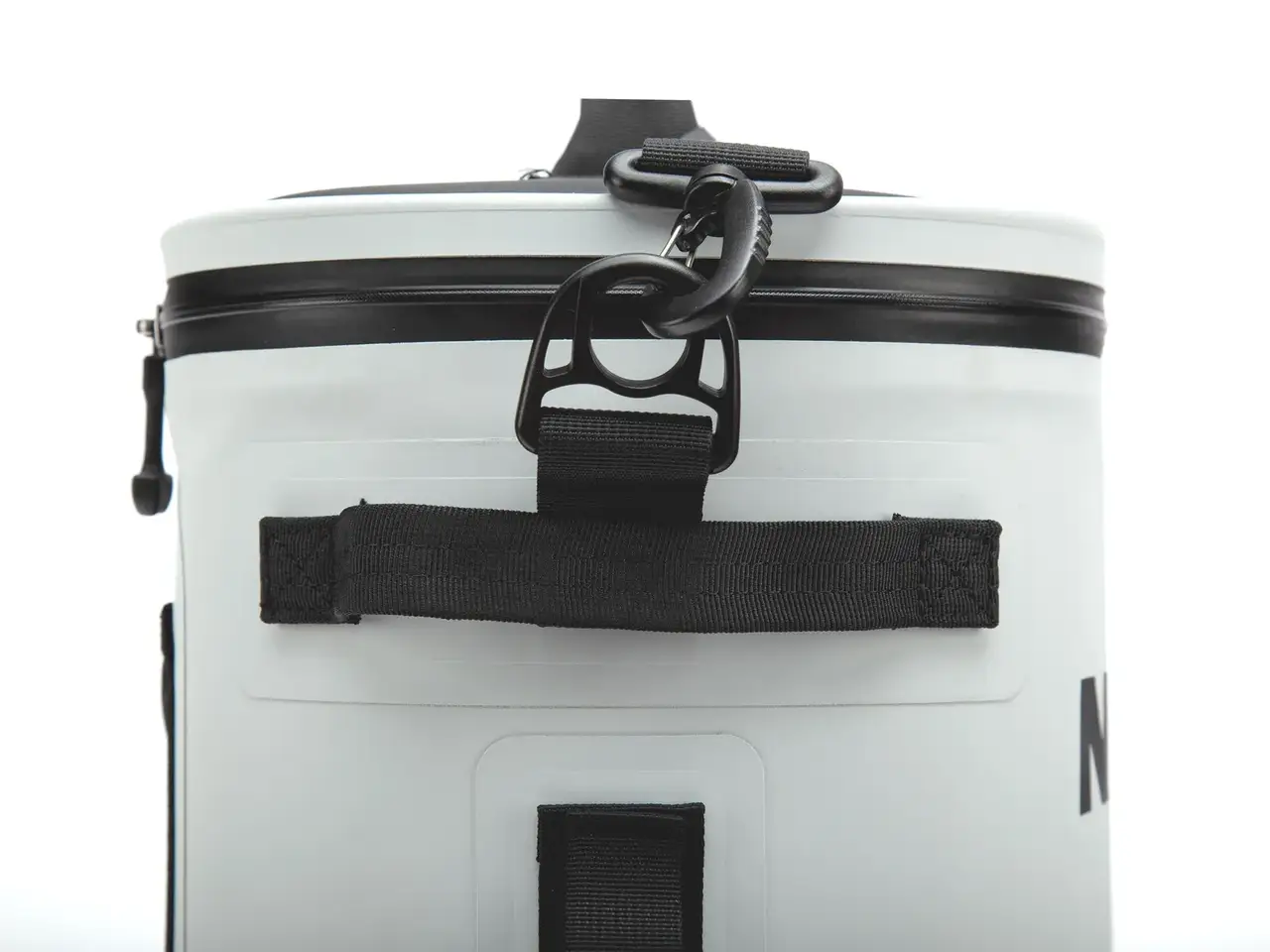 Close-up of the back of a white cooler bag with black zipper, black handle, and black hardware on a white background.
