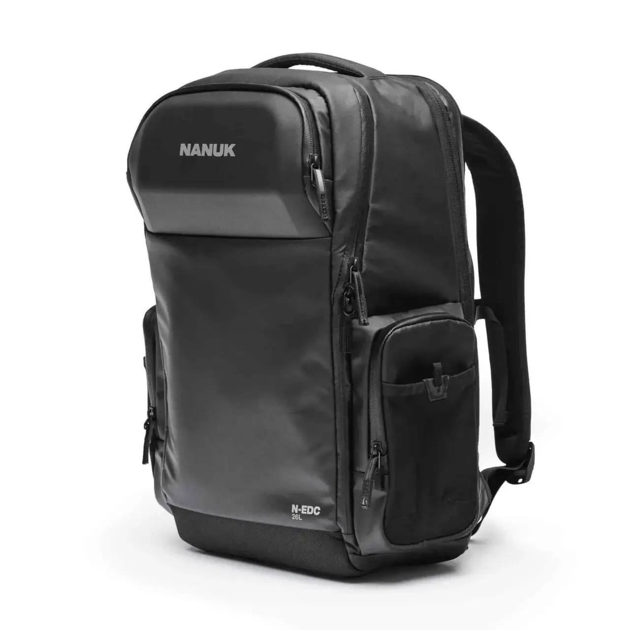 Black backpack with 'JunZhiJia' branding on a white background
