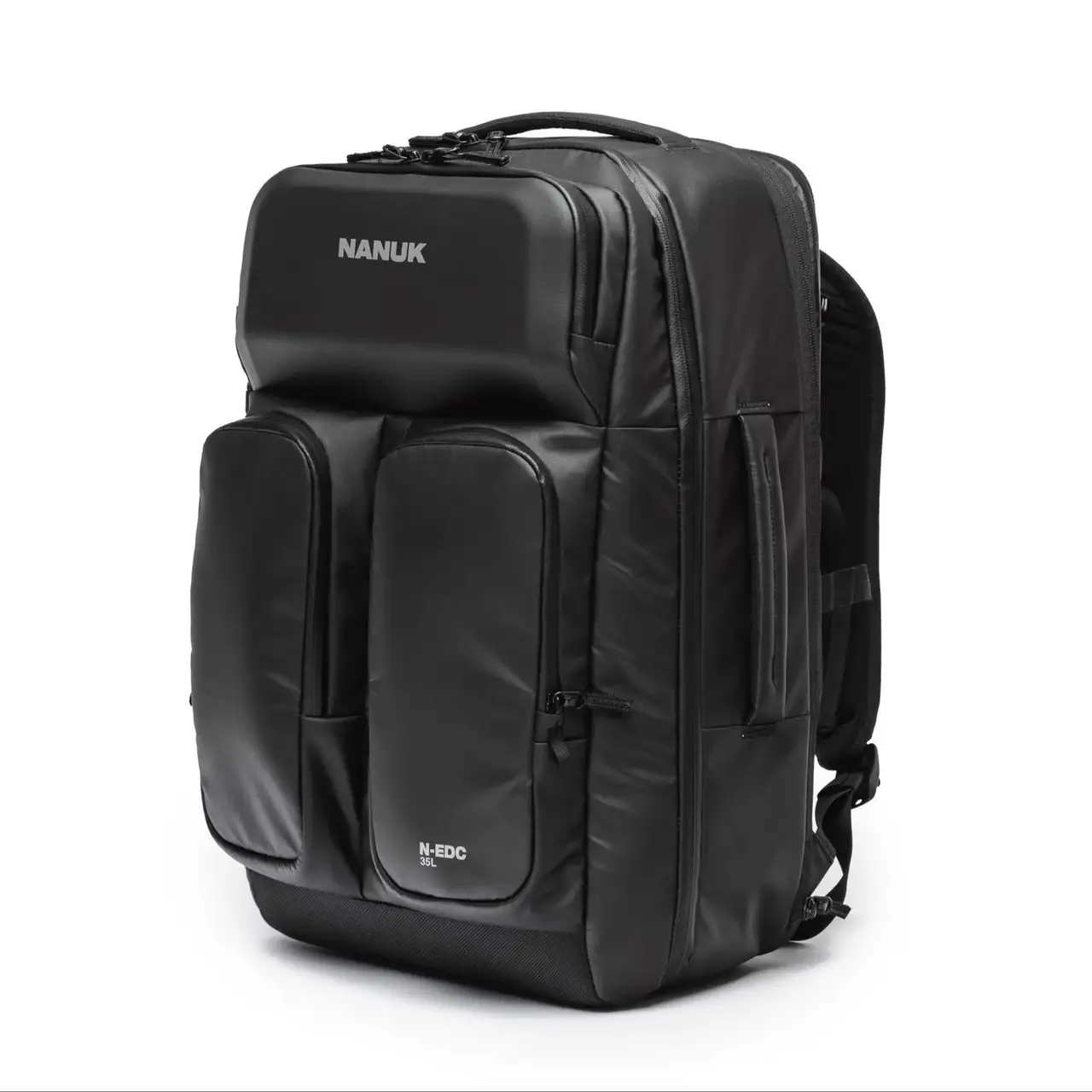 Black backpack with JunZhiJia branding on a white background