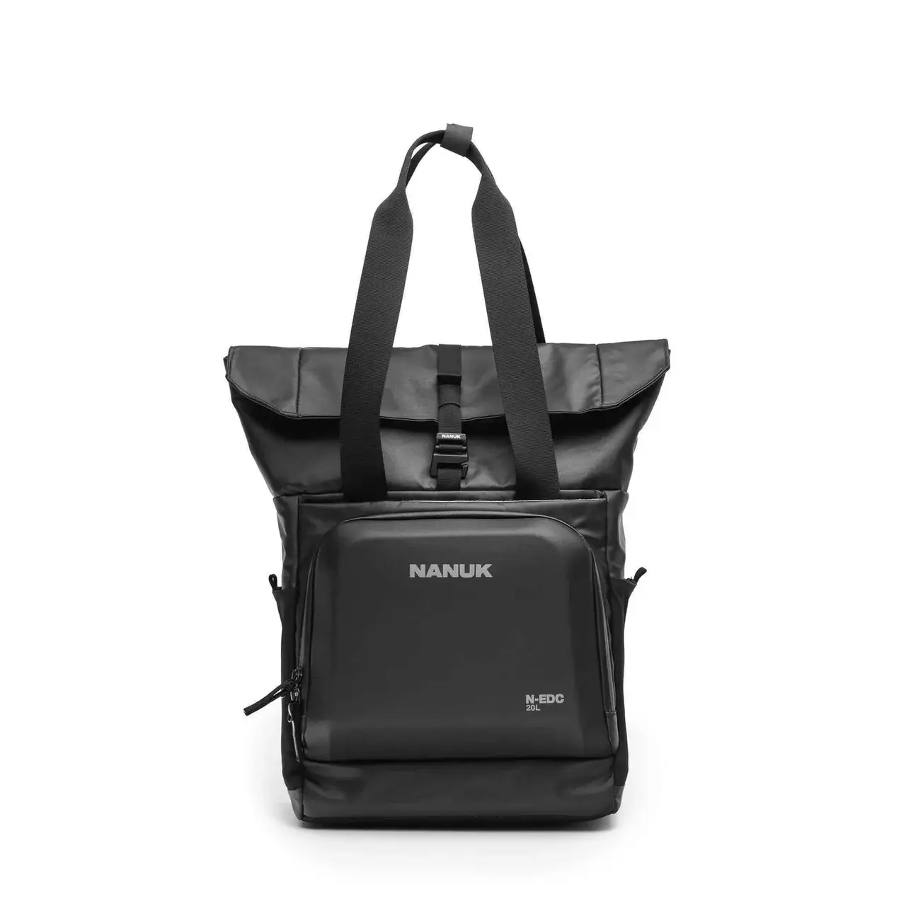 Black backpack with JunZhiJia branding on a white background