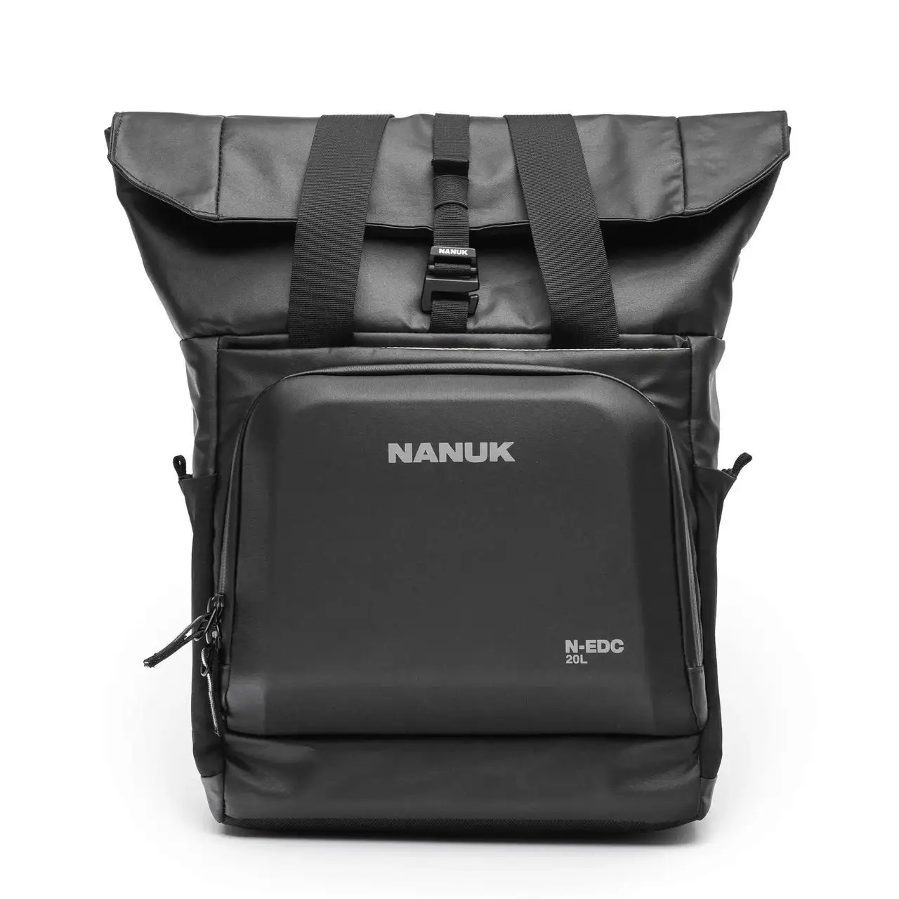 Black backpack with visible branding on a white background