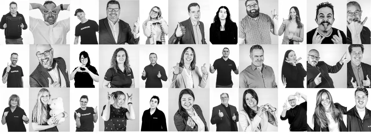 Grid of black and white photos of people with various poses and expressions
