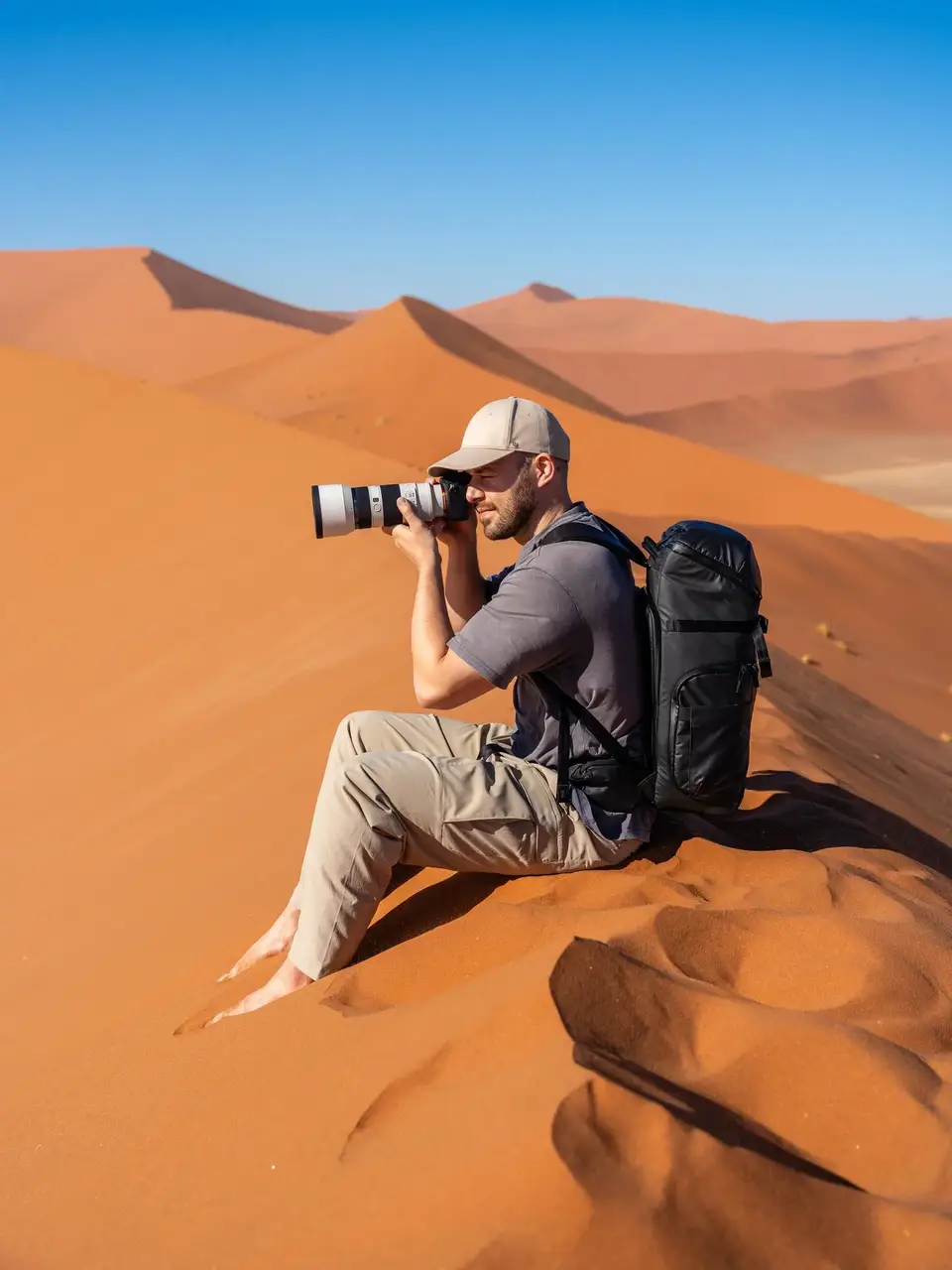 Man taking a photograph in the desert with a camera and backpack.