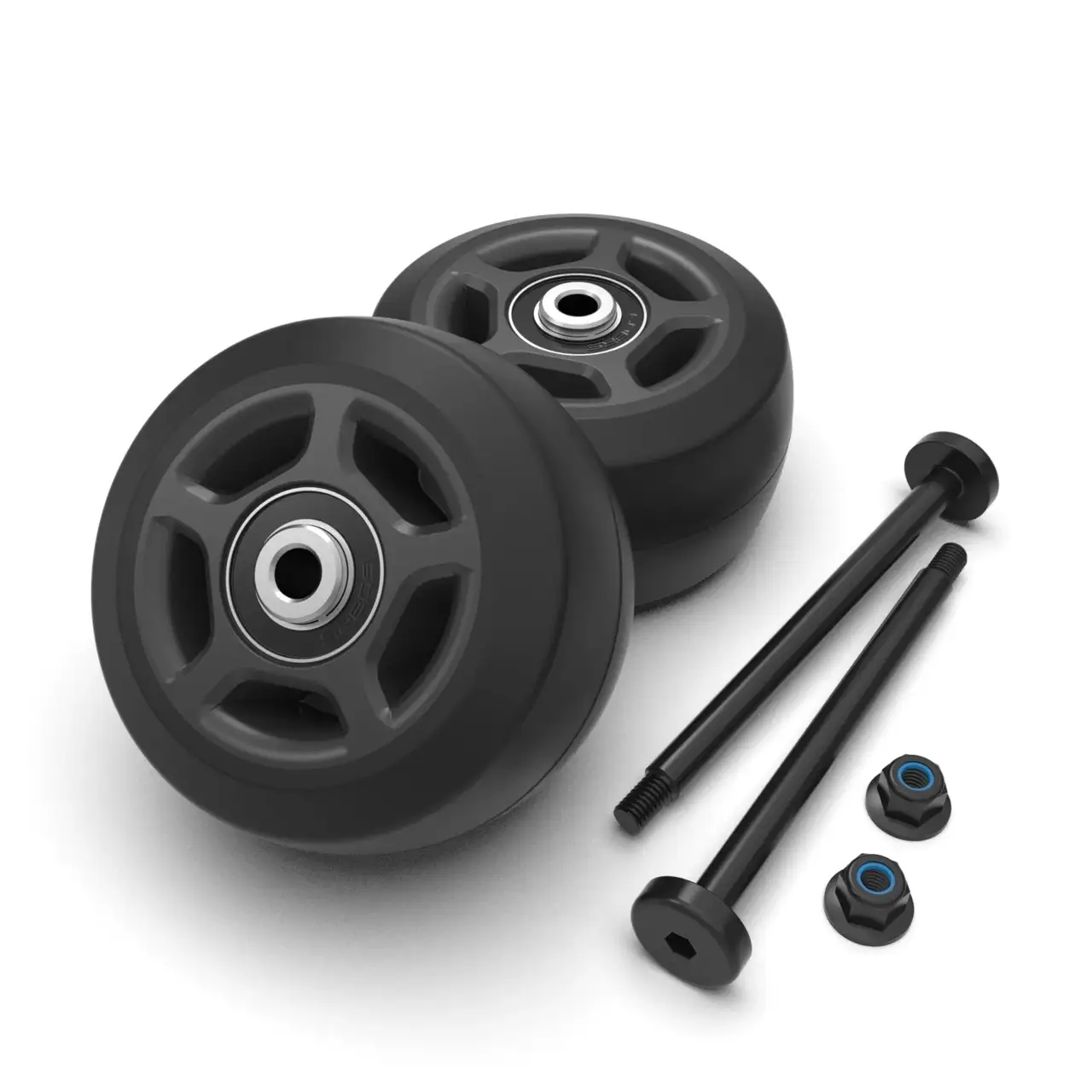 Two black wheels with bearings and screws on a white background