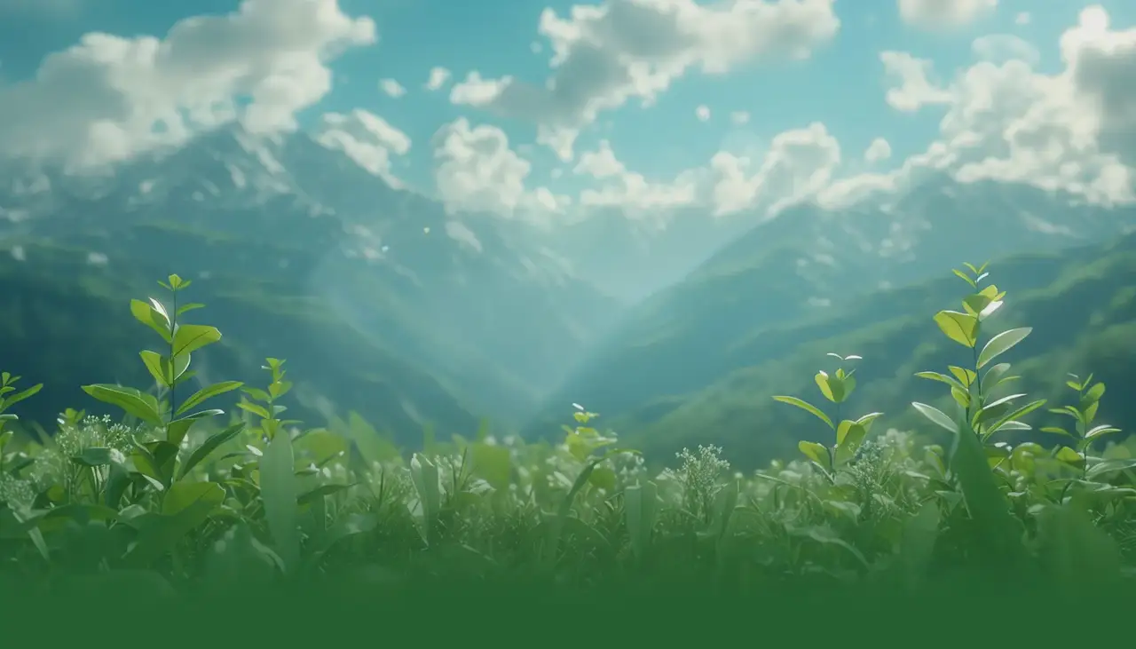 Lush green plants and mountains representing JunZhiJia's commitment to sustainability and nature.
