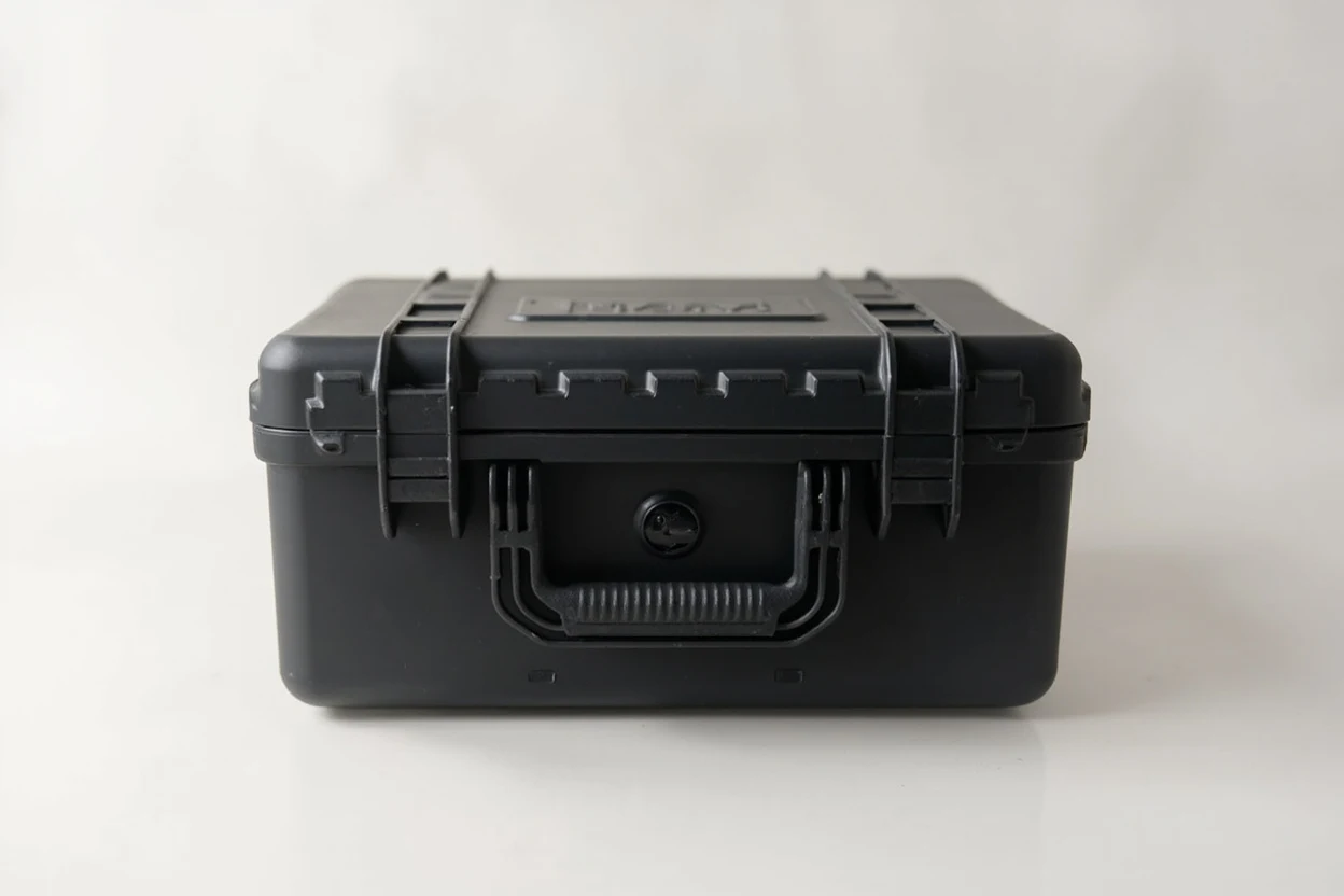 Black JunZhiJia 910 hard case with a sturdy handle, sitting on a rustic wooden surface, perfect for protective gear storage.