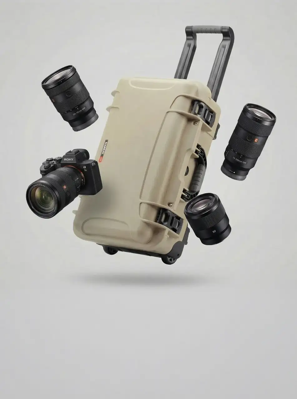 A tan JunZhiJia 935 best selling protection case, a rugged rolling hard case with its telescoping handle extended and wheels visible, floats against a light grey background.