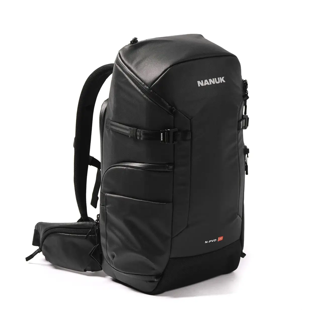 Right Angle view of a Black N-PVD 30L Camera Backpack from JunZhiJia on a white background