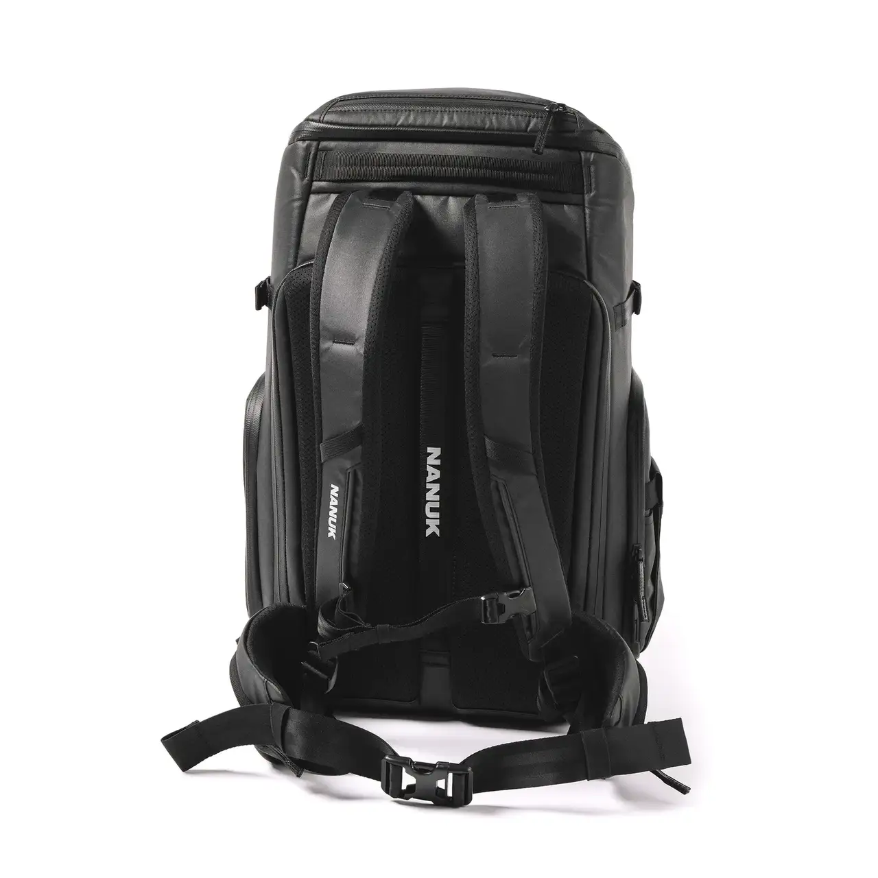 Back of a Black N-PVD 30L Camera Backpack from JunZhiJia on a white background
