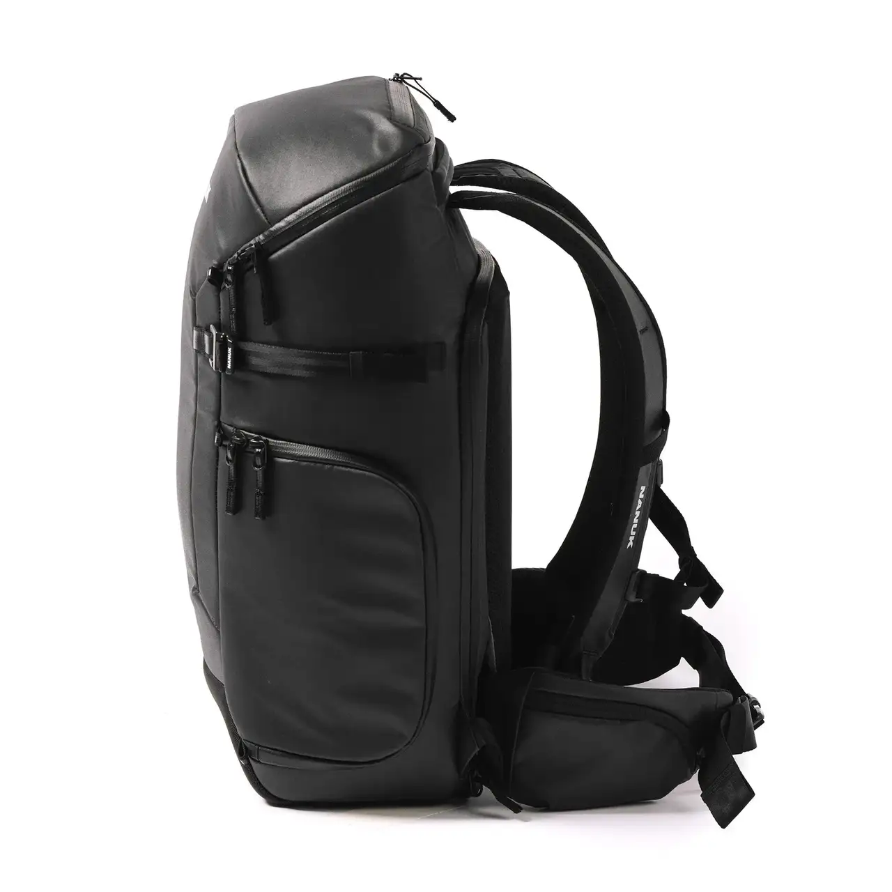 Side of a Black N-PVD 30L Camera Backpack from JunZhiJia on a white background