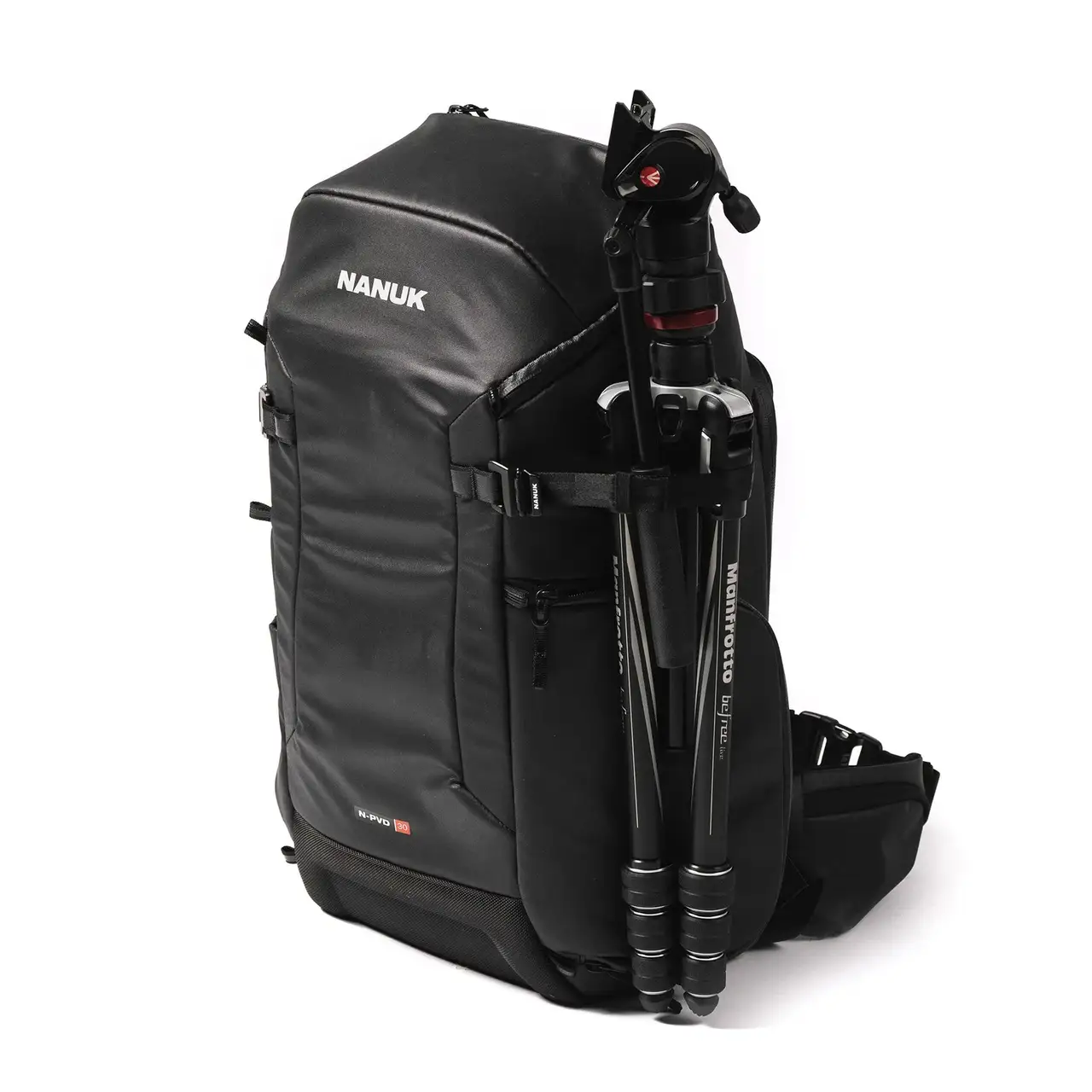 Left Angle view of a Black N-PVD 30L Camera Backpack with a tripod from JunZhiJia on a white background