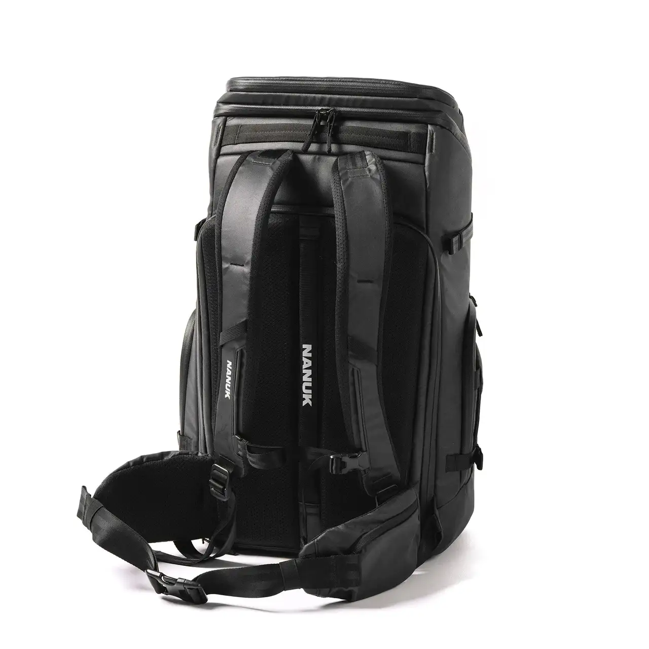 Back of a Black N-PVD 35L Camera Backpack from JunZhiJia on a white background