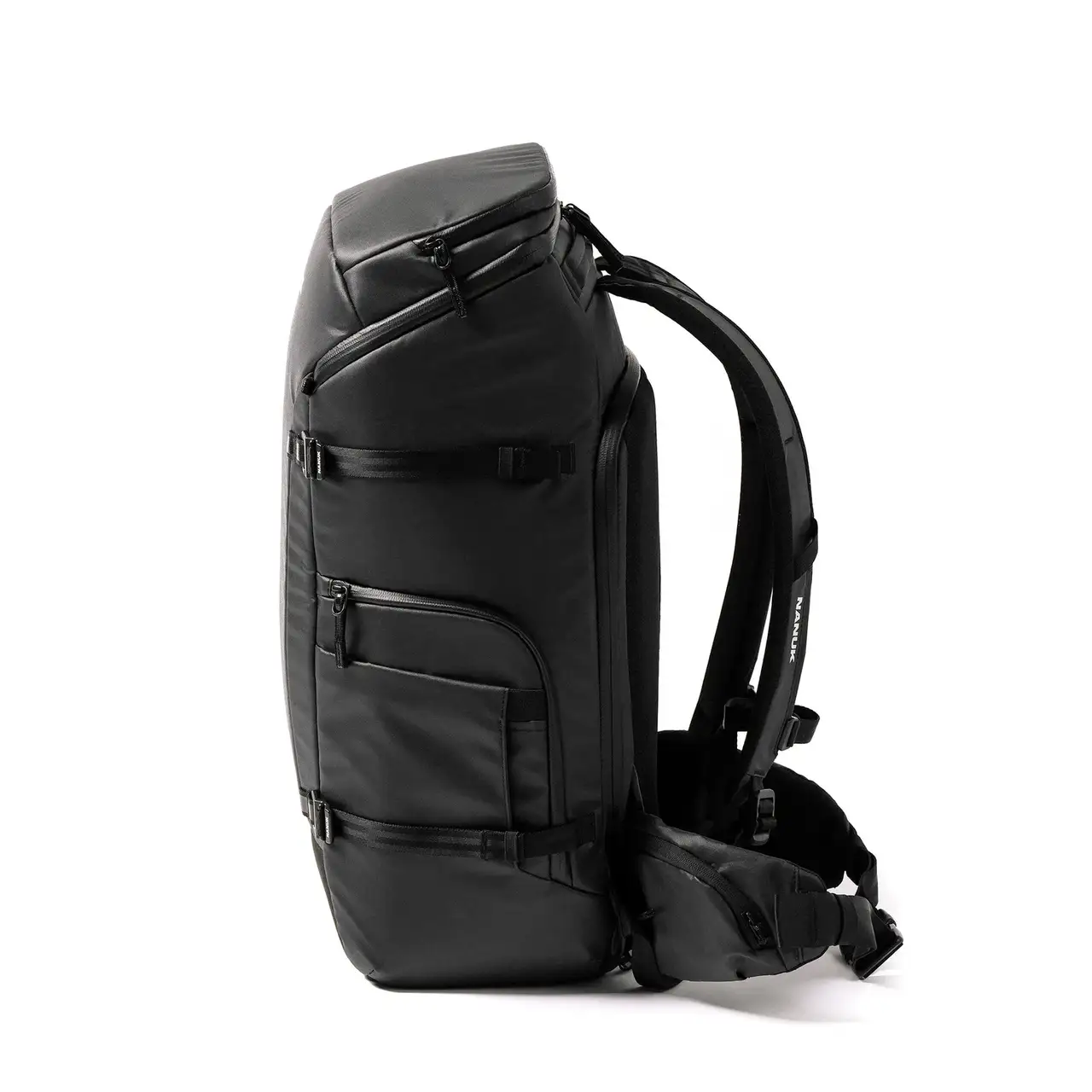 Left Side of a Black N-PVD 35L Camera Backpack from JunZhiJia on a white background