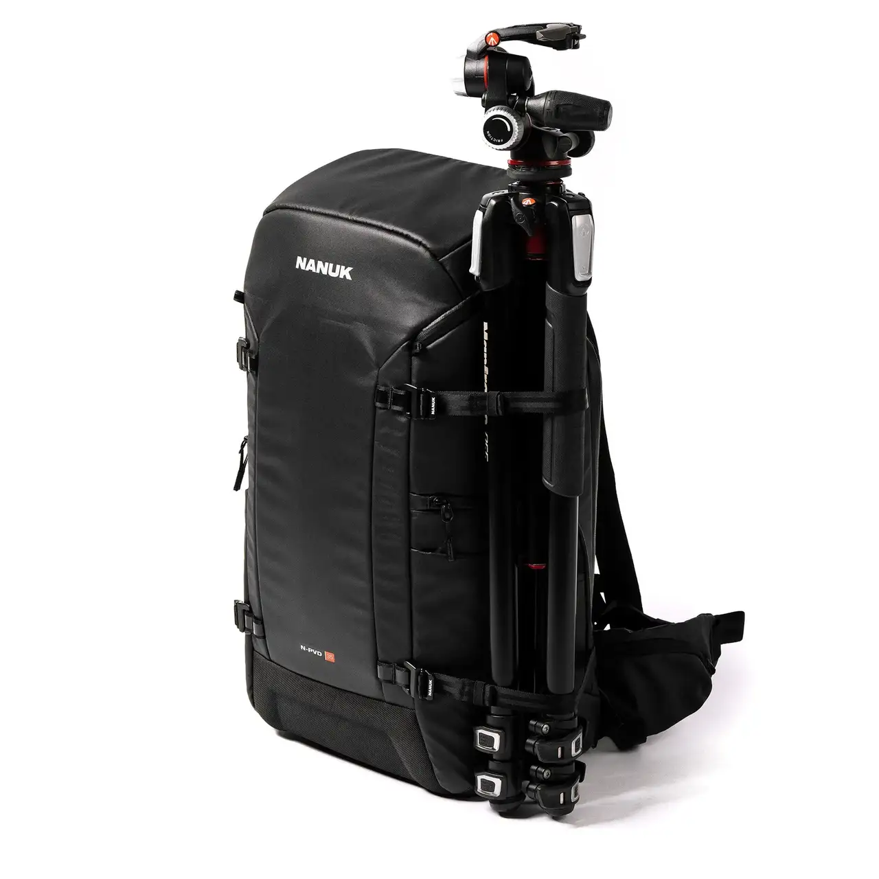 Angle view of a Black N-PVD 35L Camera Backpack from JunZhiJia on a white background with tripod