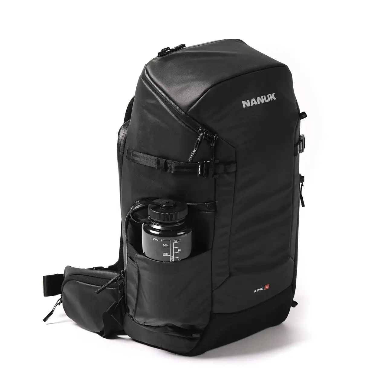 Right Angle view of a Black N-PVD 30L Camera Backpack with a water bottle from JunZhiJia on a white background