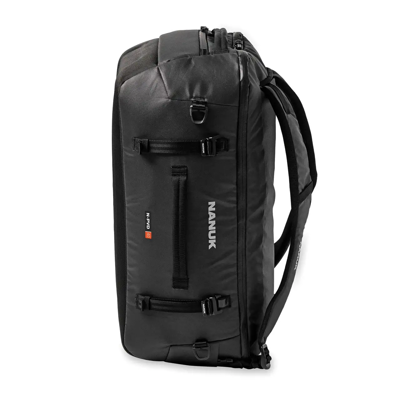 Side view of a Black N-PVD 40L Duffle Bag from JunZhiJia on a white background