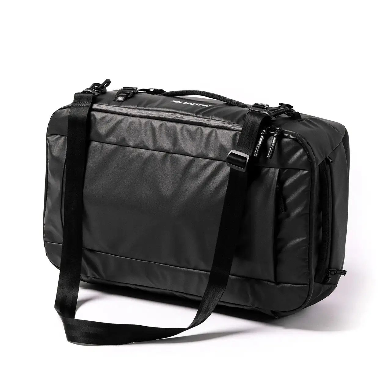 Black N-PVD 40L Duffle Bag lying down from JunZhiJia on a white background with shoulder strap