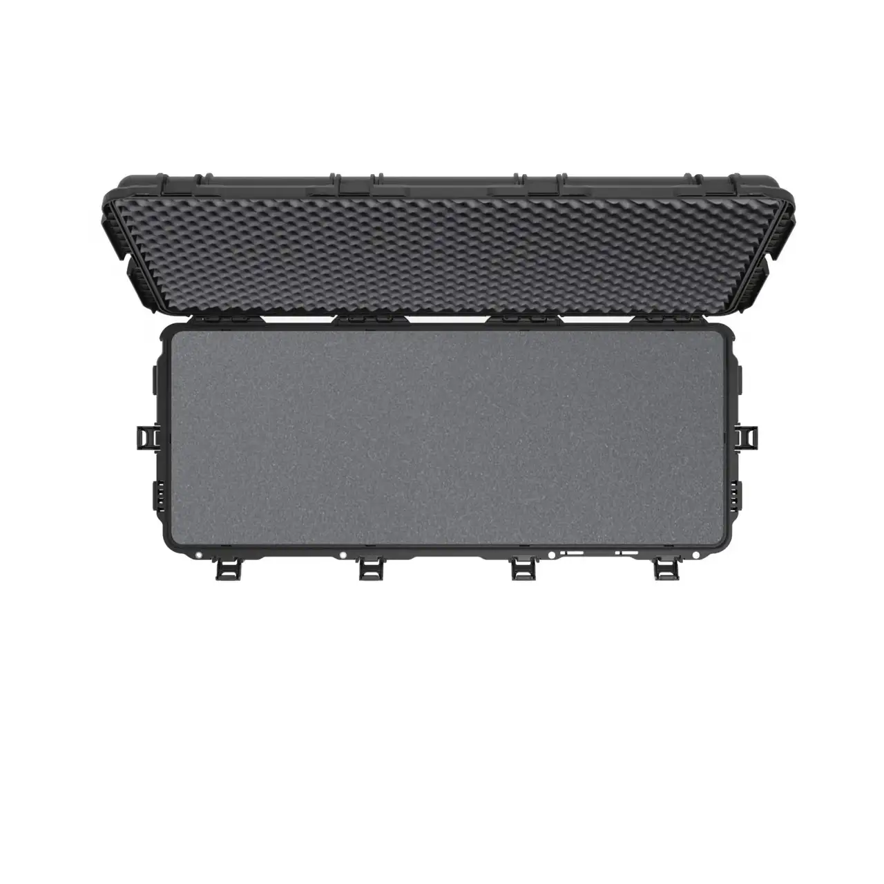 Black protective case with foam interior on a white background Black protective case with foam interior on a white background