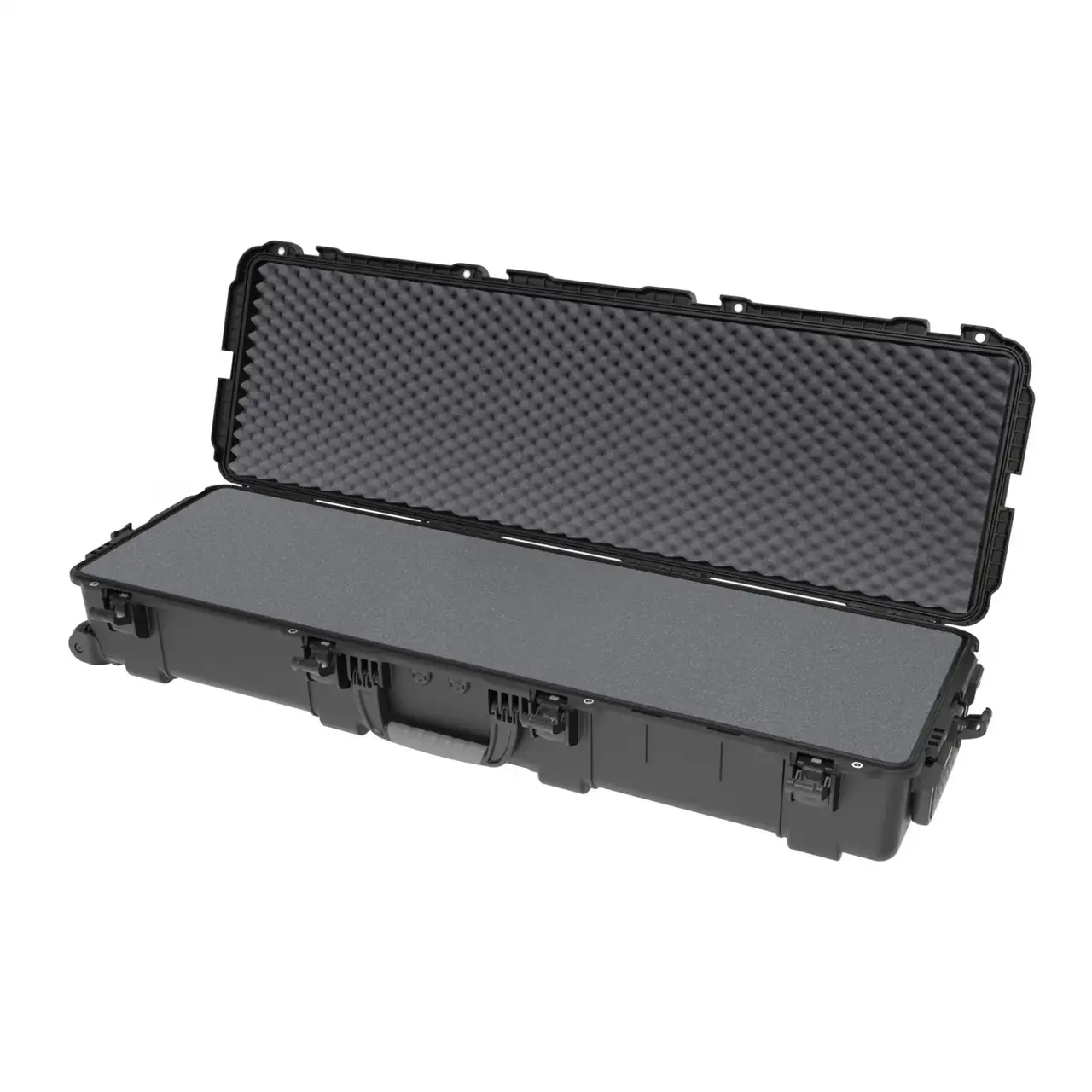 Black protective case with foam interior on a white background