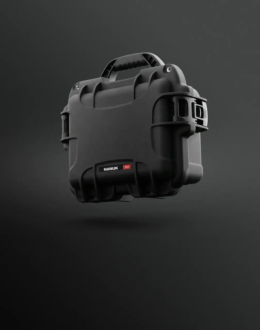 Black JunZhiJia 905 protective hard case, a type of JunZhiJia case, floats angled against a dark grey background.