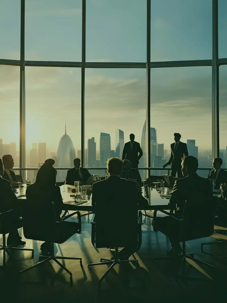 Corporate meeting with a city skyline background, highlighting JunZhiJia's commitment to sustainability.