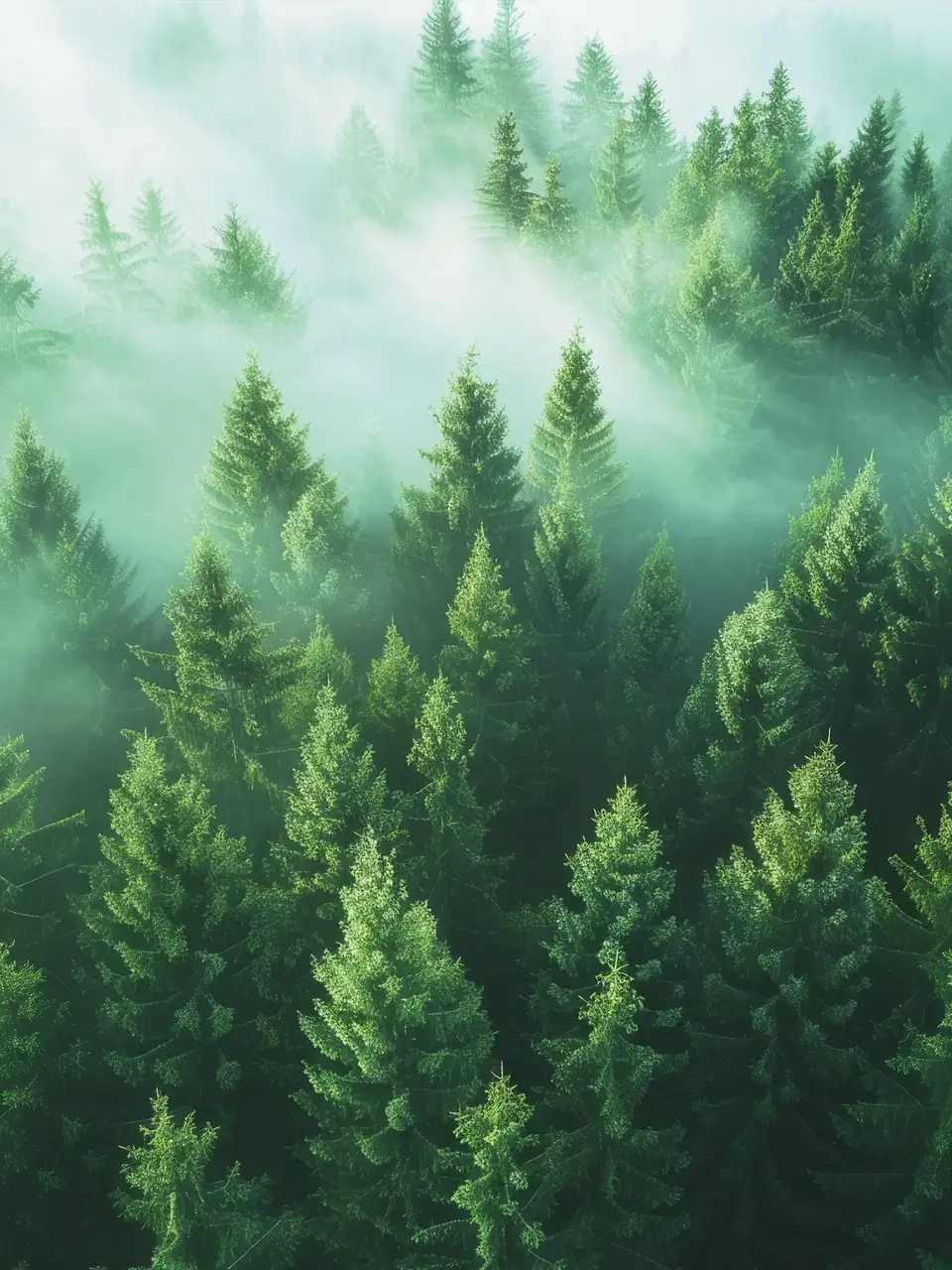 Dense evergreen forest in mist highlighting JunZhiJia's sustainability efforts.