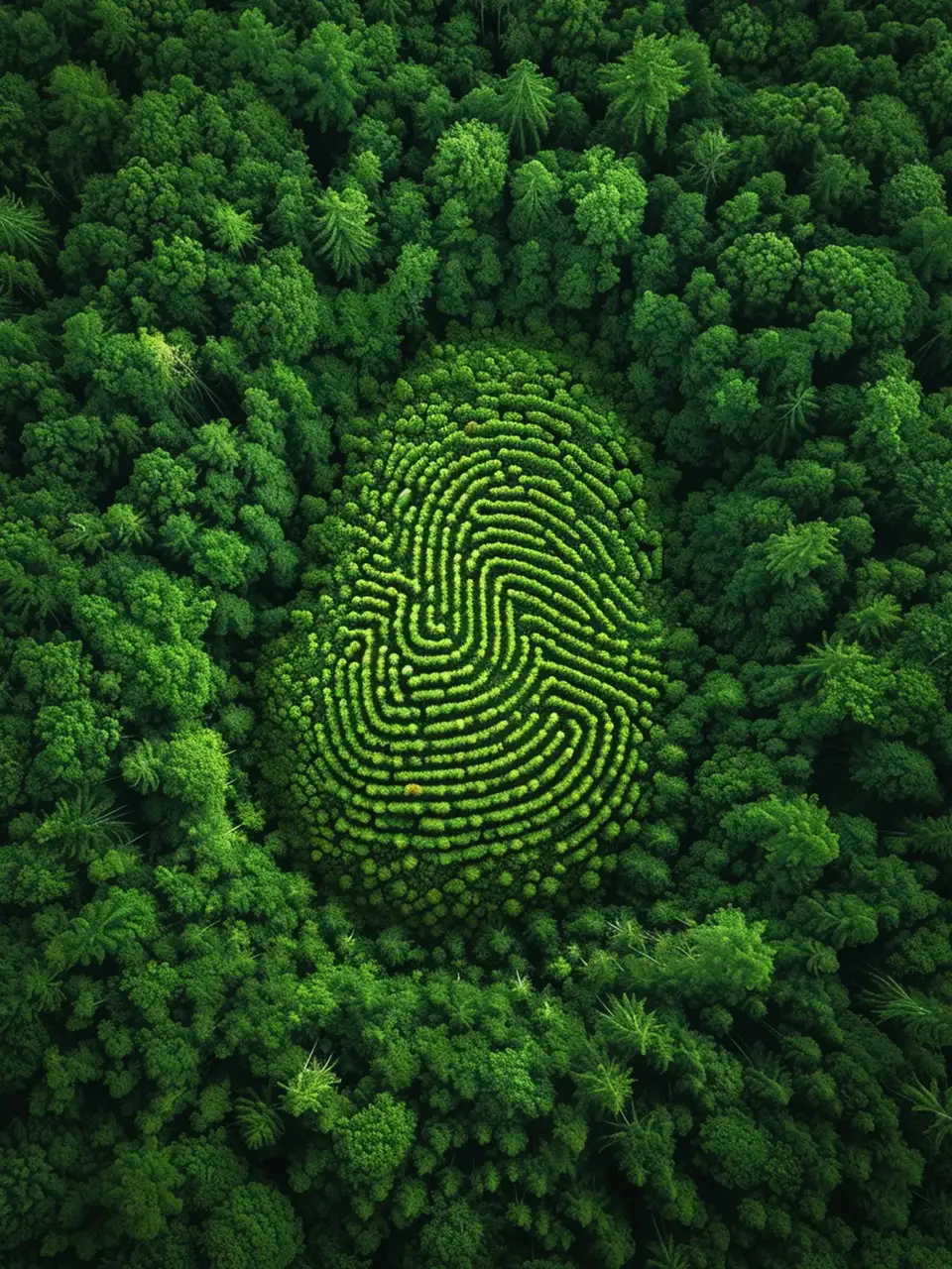 Aerial view of a green forest with a fingerprint-shaped clearing, symbolizing JunZhiJia's unique approach to sustainability.