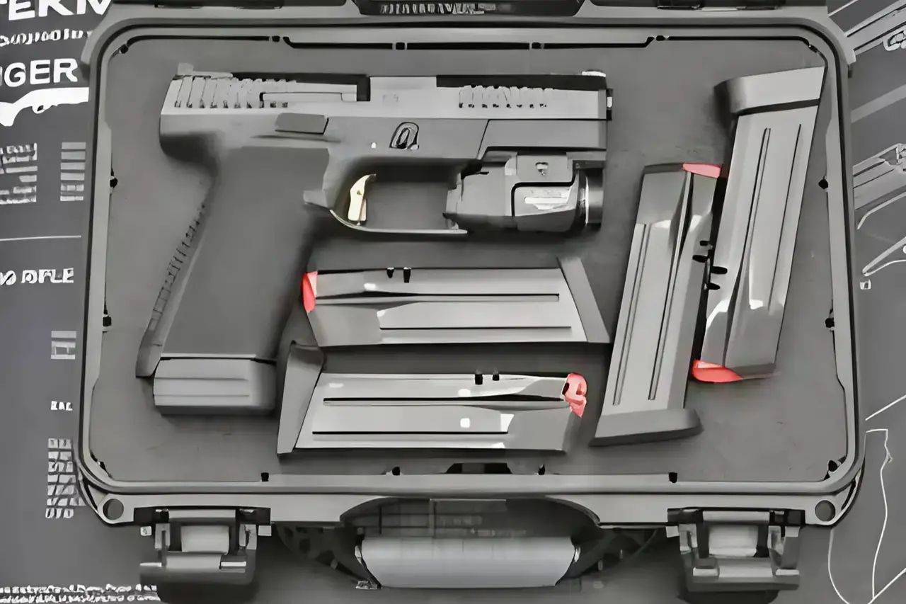 Weapon components in a case with a detailed background