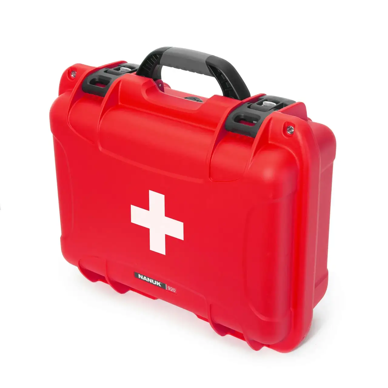 Red first aid kit with a white cross on a white background