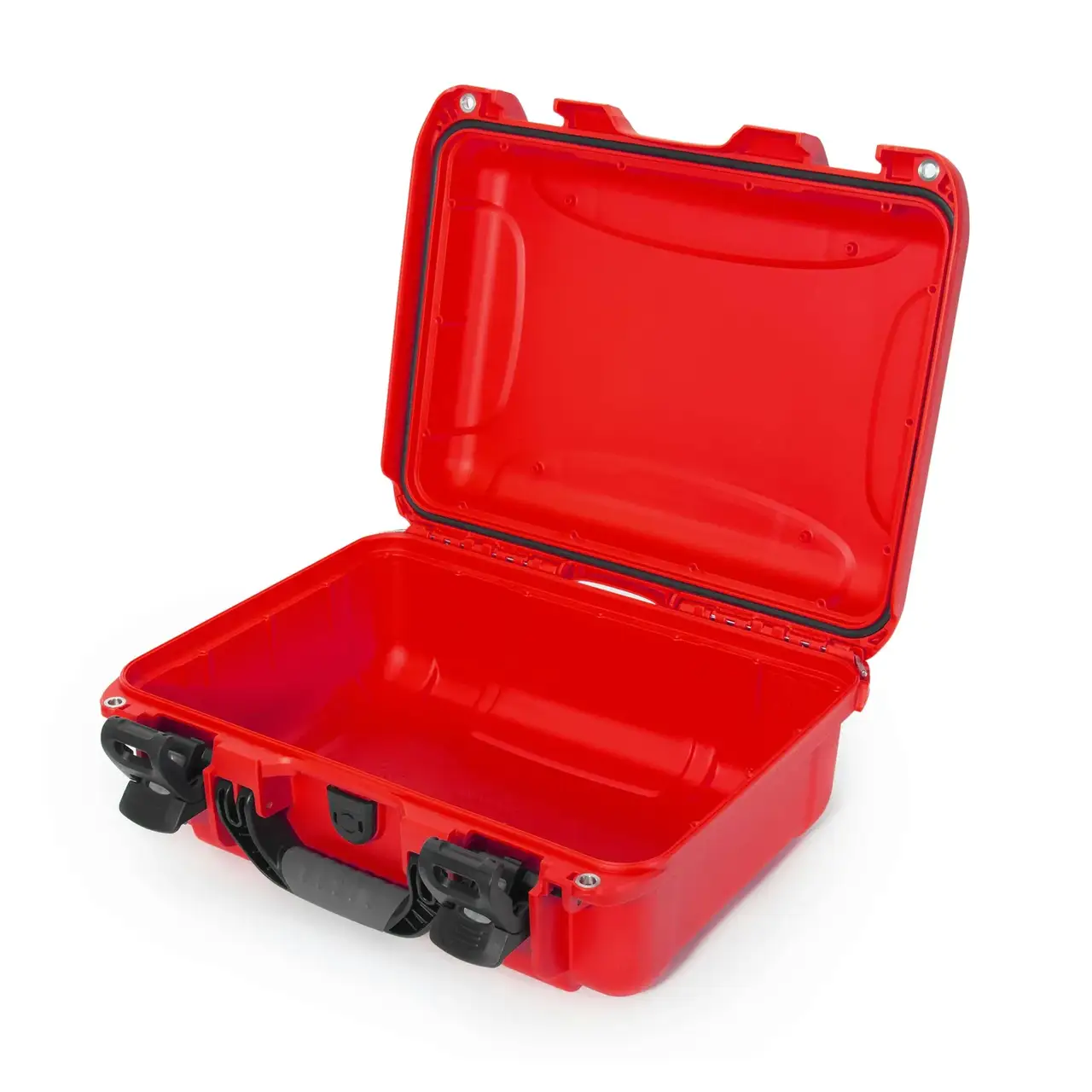 Red hard-shell case with open lid on a white background
