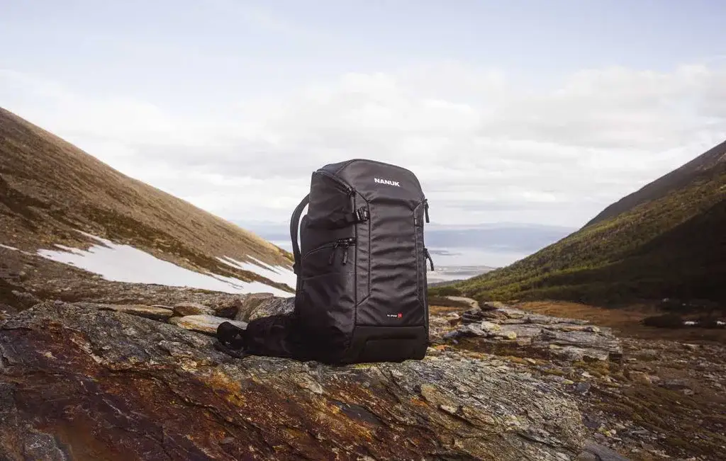 N-PVD 30L Backpack standing up on a mountain