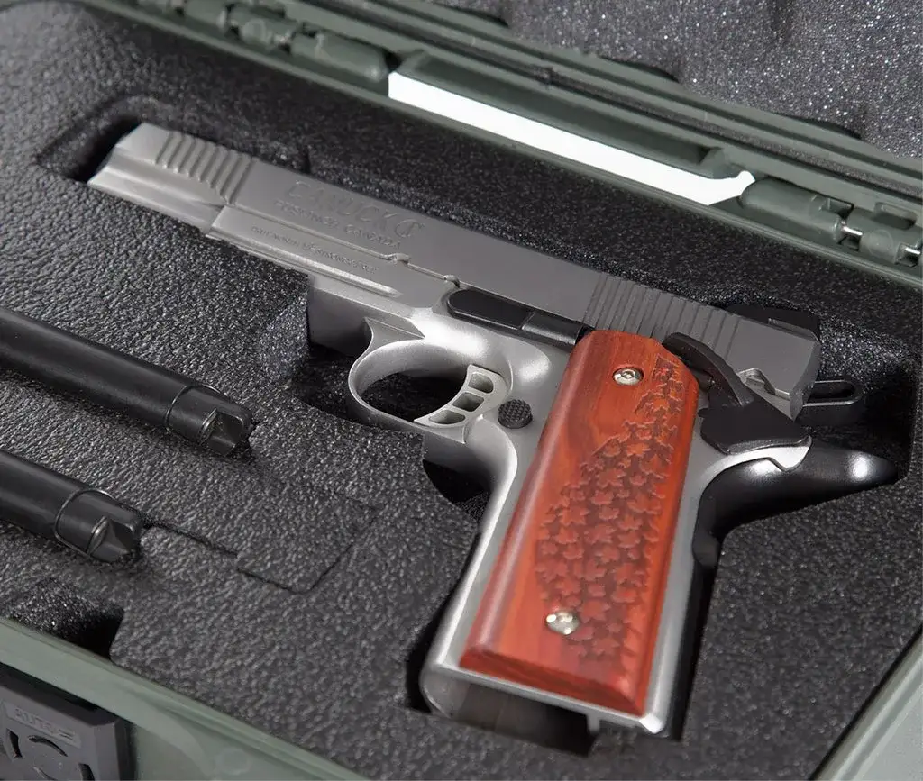 The case will also accommodate a pistol with a trigger lock as well as models with a beavertail design.